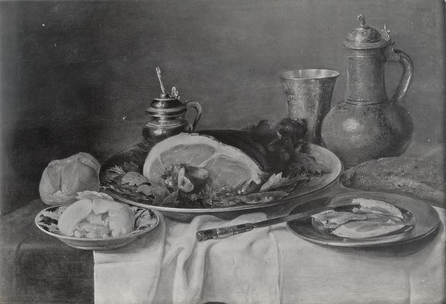 Anonimo — Heda Willem Claesz. - sec. XVII - Natura morta con prosciutto, pane, piatti, brocca e coppa — insieme